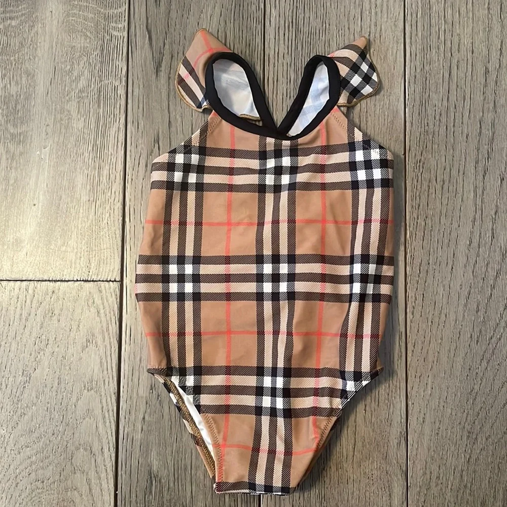 Burberry Tan Plaid One-Piece Swimsuit with Black Trim